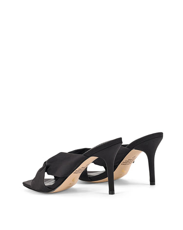 Women's black satin stiletto mules with square toe and knot detailing