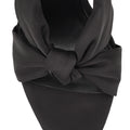 Women's black satin stiletto mules with square toe and knot detailing