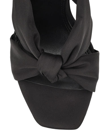 Women's black satin stiletto mules with square toe and knot detailing
