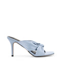 Women's blue satin stiletto mules with square toe and knot detailing