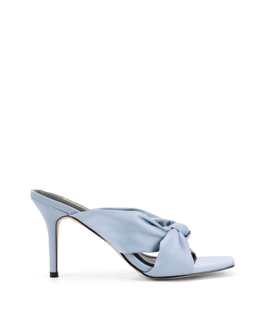 Women's blue satin stiletto mules with square toe and knot detailing