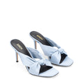Women's blue satin stiletto mules with square toe and knot detailing