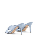 Women's blue satin stiletto mules with square toe and knot detailing