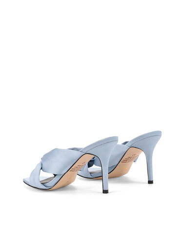 Women's blue satin stiletto mules with square toe and knot detailing