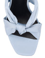 Women's blue satin stiletto mules with square toe and knot detailing