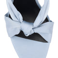 Women's blue satin stiletto mules with square toe and knot detailing