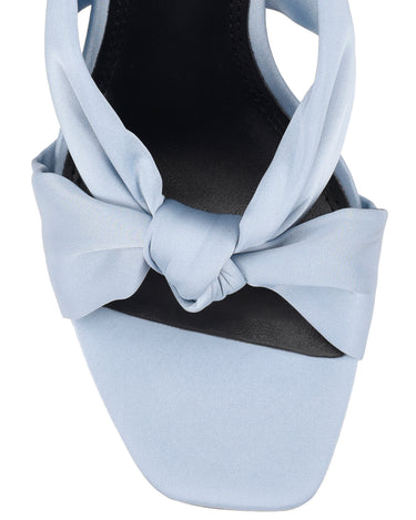 Women's blue satin stiletto mules with square toe and knot detailing
