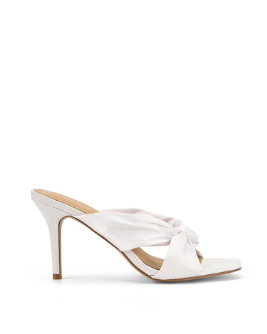 Women's bridal shoes white satin stiletto mules with square toe and knot detailing