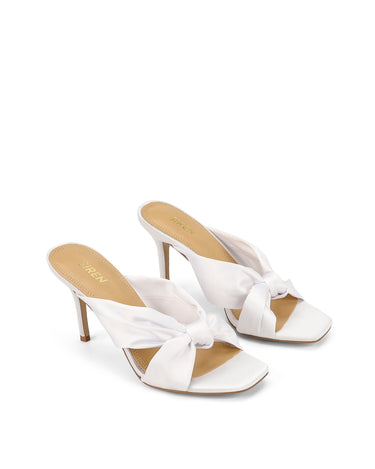 Women's bridal shoes white satin stiletto mules with square toe and knot detailing