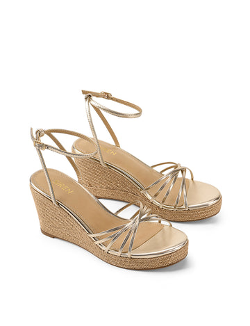 Women's gold metallic leather espadrille style roped wedge 