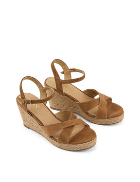 Women's brown suede espadrille style wedge with rope detailing and buckle fastening