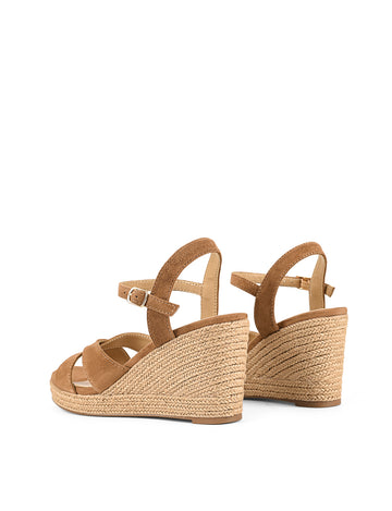 Women's brown suede espadrille style wedge with rope detailing and buckle fastening