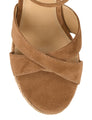 Women's brown suede espadrille style wedge with rope detailing and buckle fastening