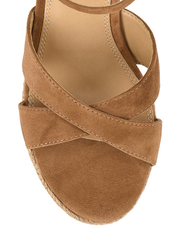 Women's brown suede espadrille style wedge with rope detailing and buckle fastening