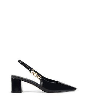 Women's black patent leather block heel slingbacks
