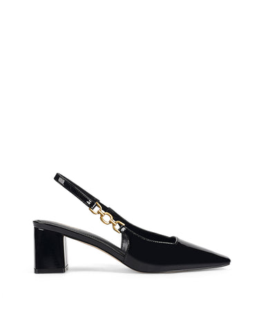 Women's black patent leather block heel slingbacks