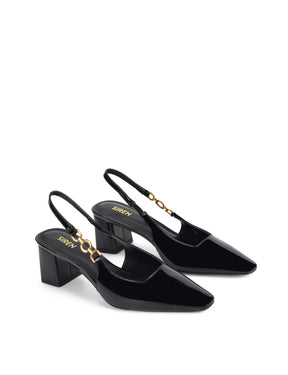 Women's black patent leather block heel slingbacks