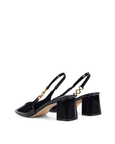Women's black patent leather block heel slingbacks