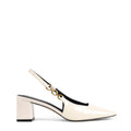 Women's white patent leather block heel slingbacks
