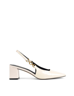 Women's white patent leather block heel slingbacks