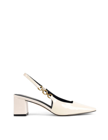 Women's white patent leather block heel slingbacks