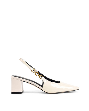 Women's white patent leather block heel slingbacks
