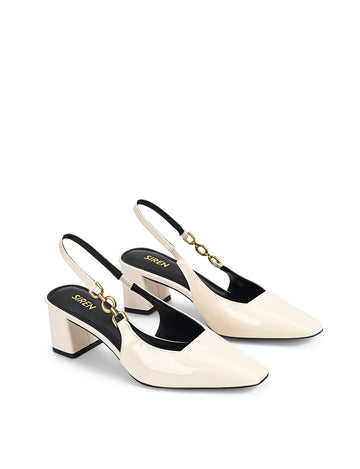 Women's white patent leather block heel slingbacks