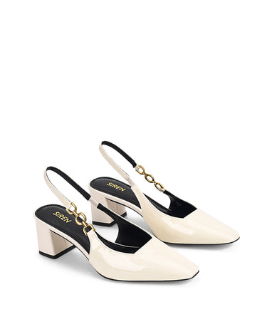 Women's white patent leather block heel slingbacks