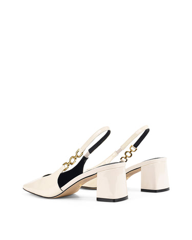 Women's white patent leather block heel slingbacks