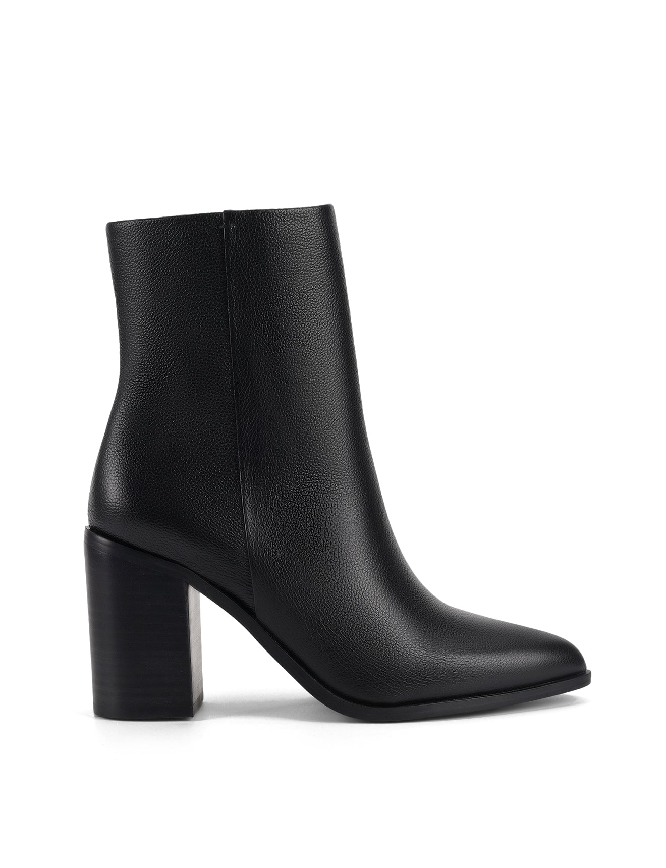Women's black leather ankle boot with stacked leather block heel, pointed toe and zipper closure