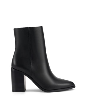 Women's black leather ankle boot with stacked leather block heel, pointed toe and zipper closure