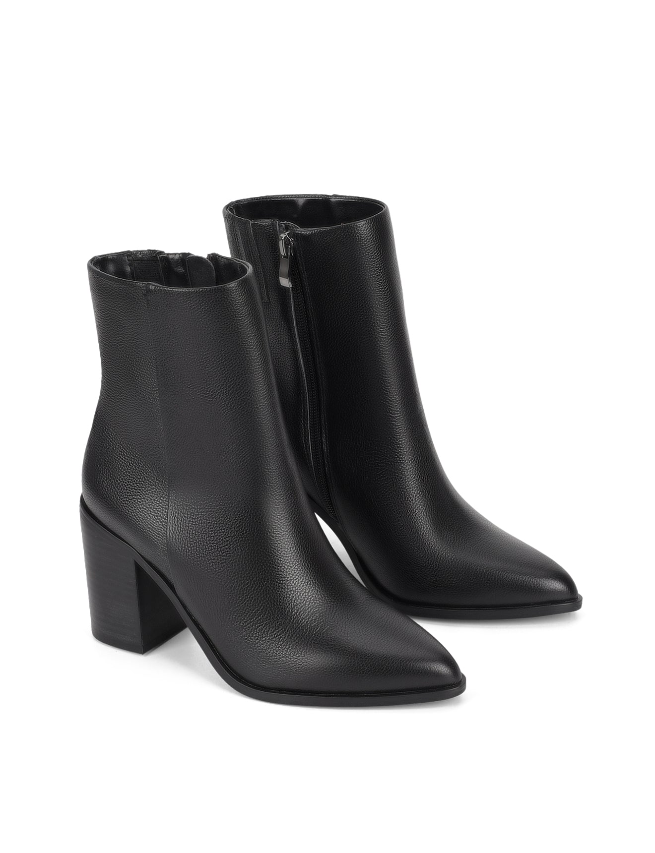 Women's black leather ankle boot with stacked leather block heel, pointed toe and zipper closure