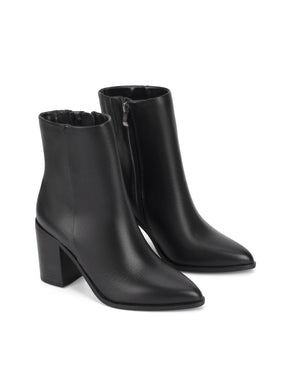 Women's black leather ankle boot with stacked leather block heel, pointed toe and zipper closure