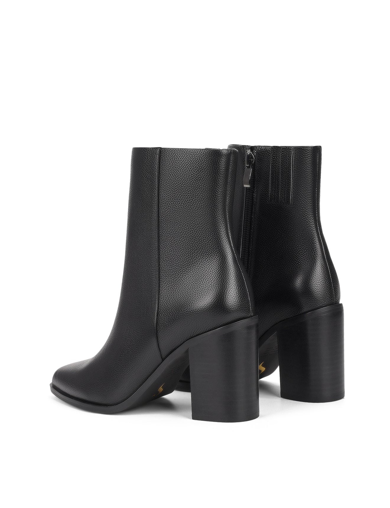 Women's black leather ankle boot with stacked leather block heel, pointed toe and zipper closure