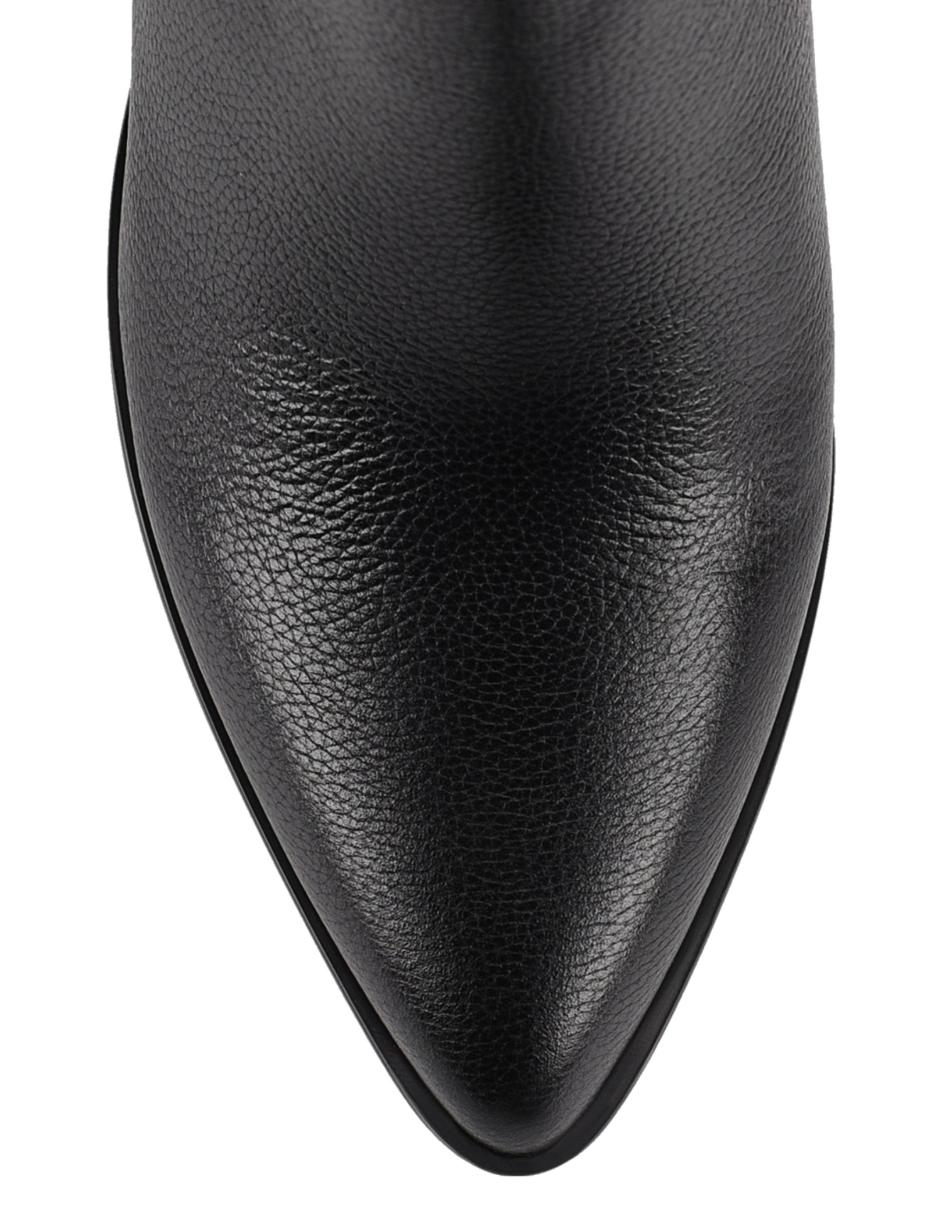 Women's black leather ankle boot with stacked leather block heel, pointed toe and zipper closure