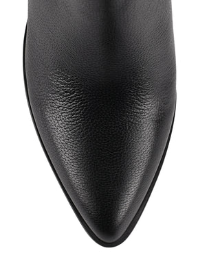 Women's black leather ankle boot with stacked leather block heel, pointed toe and zipper closure