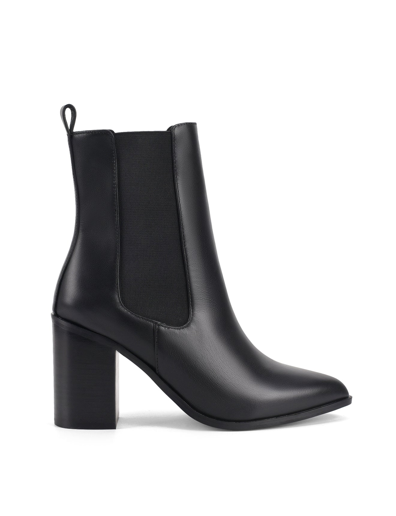 Women's black leather chelsea booth with stacked block heel, pointed toe and elastic gusset