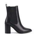 Women's black leather chelsea booth with stacked block heel, pointed toe and elastic gusset