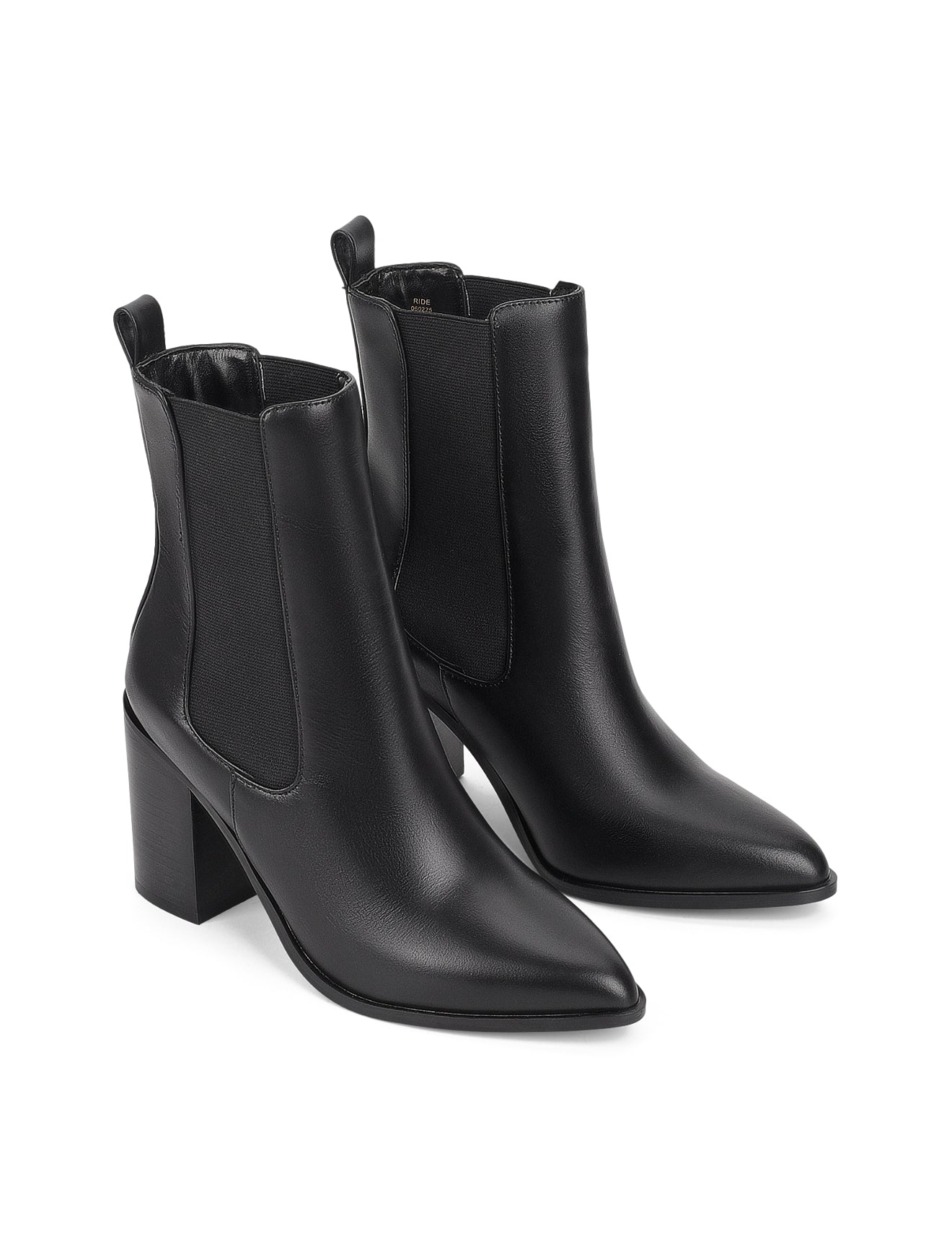 Women's black leather chelsea booth with stacked block heel, pointed toe and elastic gusset