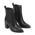 Women's black leather chelsea booth with stacked block heel, pointed toe and elastic gusset