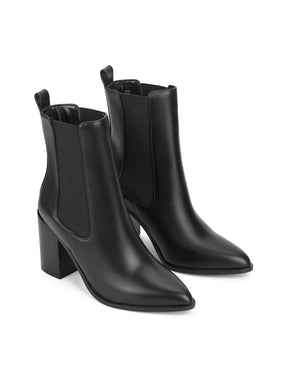 Women's black leather chelsea booth with stacked block heel, pointed toe and elastic gusset