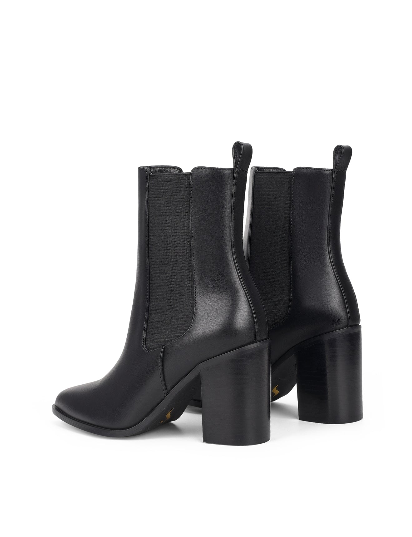 Women's black leather chelsea booth with stacked block heel, pointed toe and elastic gusset