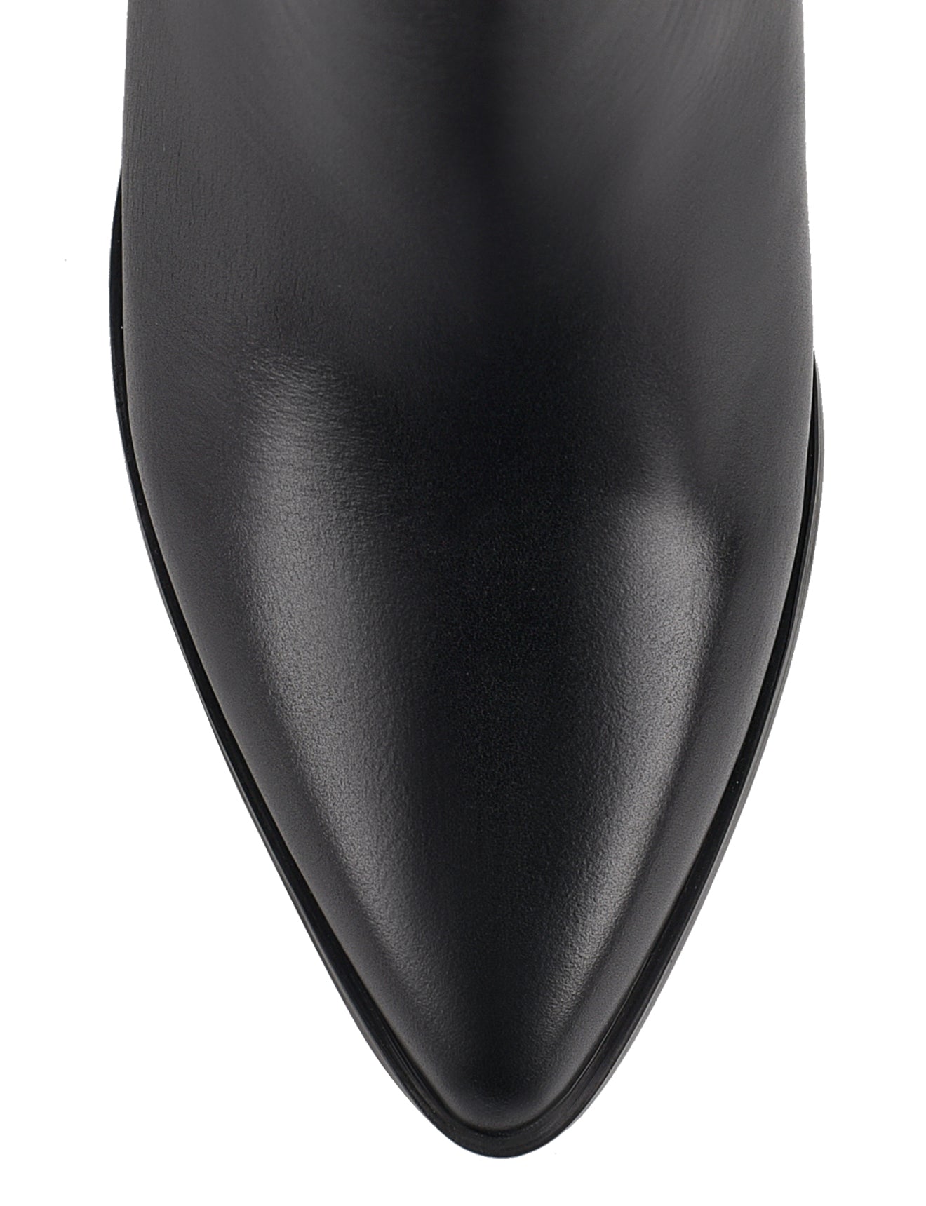 Women's black leather chelsea booth with stacked block heel, pointed toe and elastic gusset