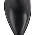Women's black leather chelsea booth with stacked block heel, pointed toe and elastic gusset