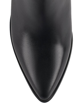 Women's black leather chelsea booth with stacked block heel, pointed toe and elastic gusset