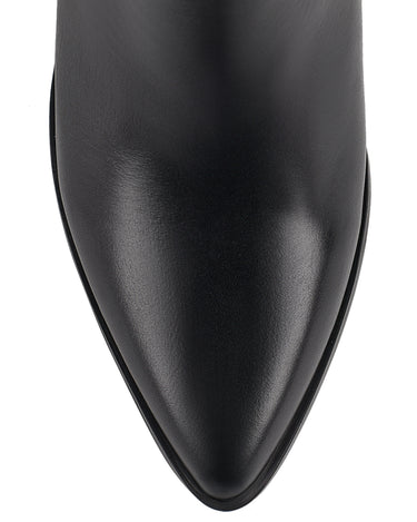 Women's black leather chelsea booth with stacked block heel, pointed toe and elastic gusset