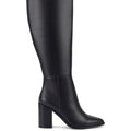 Women's black leather knee high boot with stacked leather block high heel and pointed toe. 