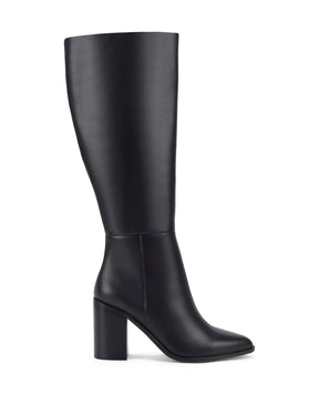 Women's black leather knee high boot with stacked leather block high heel and pointed toe. 