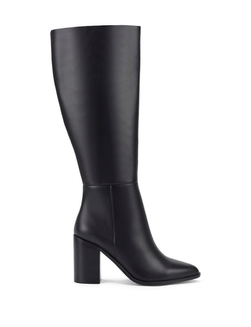 Women's black leather knee high boot with stacked leather block high heel and pointed toe. 