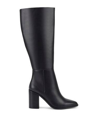 Women's black leather knee high boot with stacked leather block high heel and pointed toe. 
